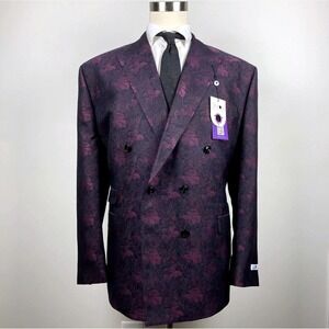 Tayion Mens Classic fit Double Breasted Dinner Jacket 52R Wine Black‎ Floral